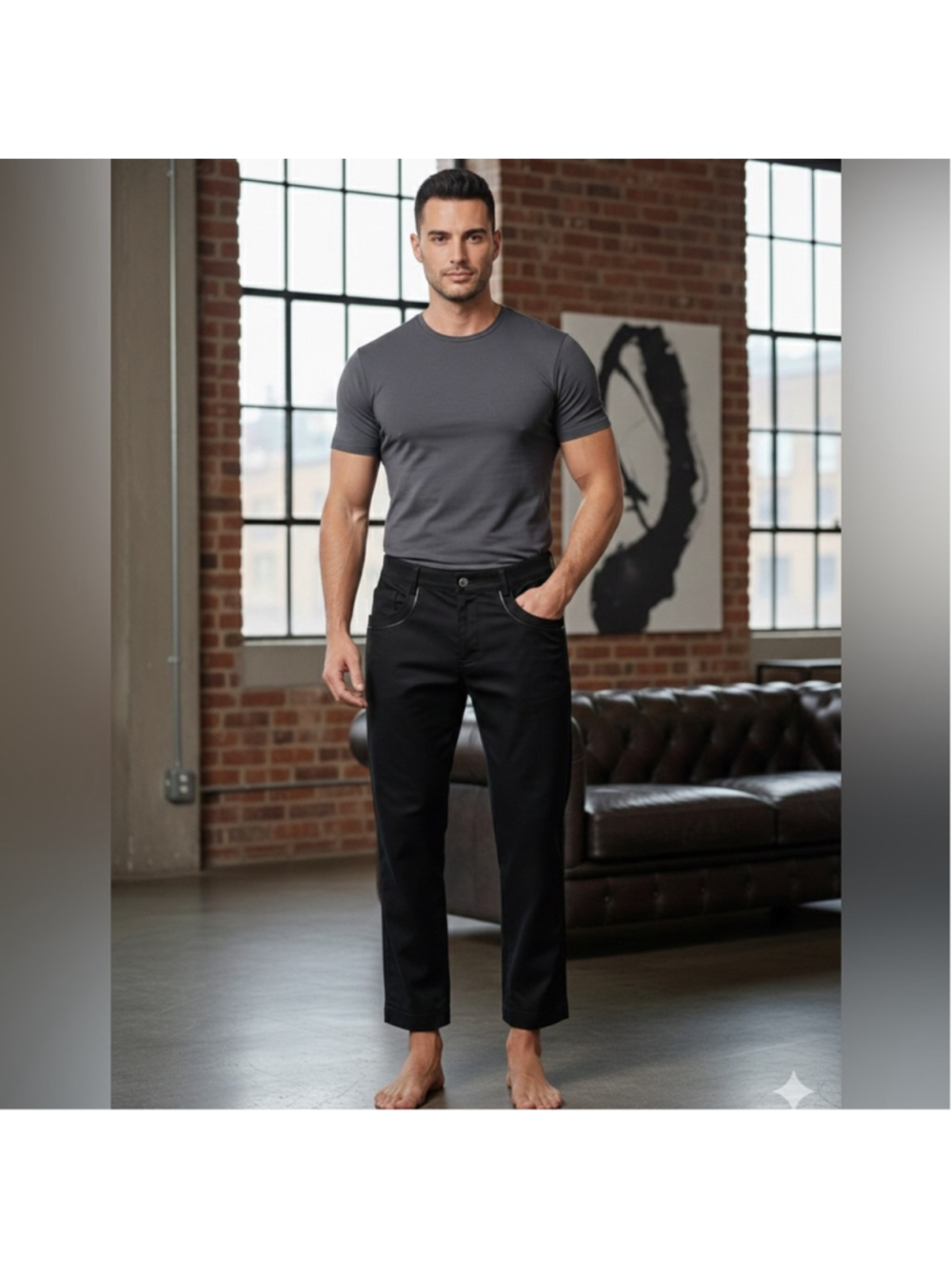 Versace Collection Trend Black Straight Fit Leather Trim Jeans Size 34/28
